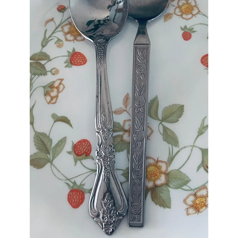 Vintage Mismatched Floral Flatware Set Service for 2 10pc Stainless Steel MCM